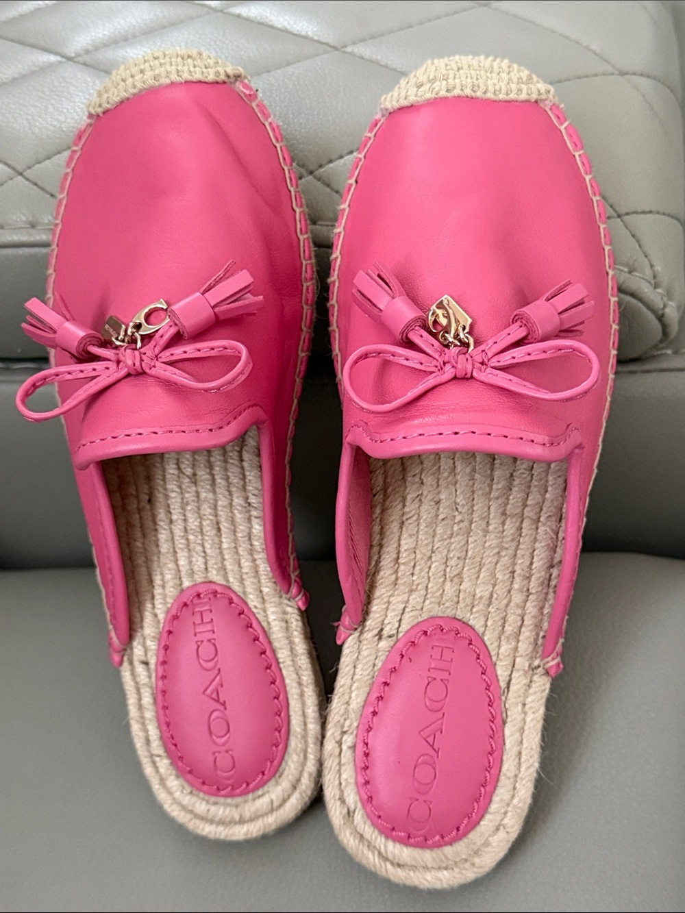 Coach Pink Leather Slip-On Espadrille Mules with Tassel Bow - Picture 2 of 7